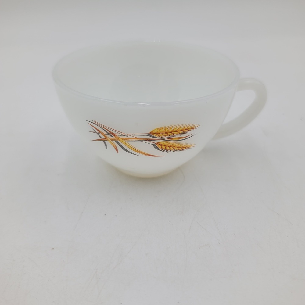 Vintage Fire-King Anchor Hocking Milk Glass Wheat Pattern Teacup White D-Handle